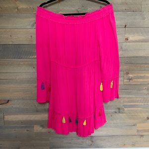 Hot pink blush off the shoulder dress